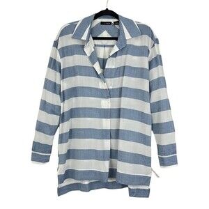K by Kersh Size Small Blue White Oversized Split Neck Hi-Lo Top Shirt Blouse